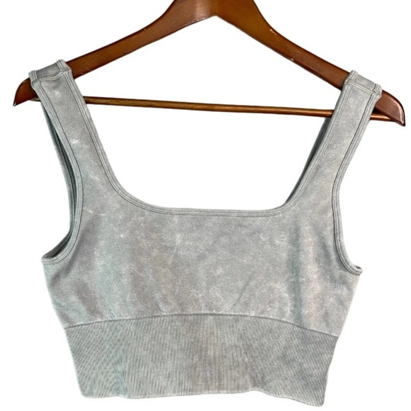 GUESS Grey Crop Tank Top/Sports Bra Logo Nylon Stretch Acid Wash 80’s Vibe M/L - Picture 10 of 10